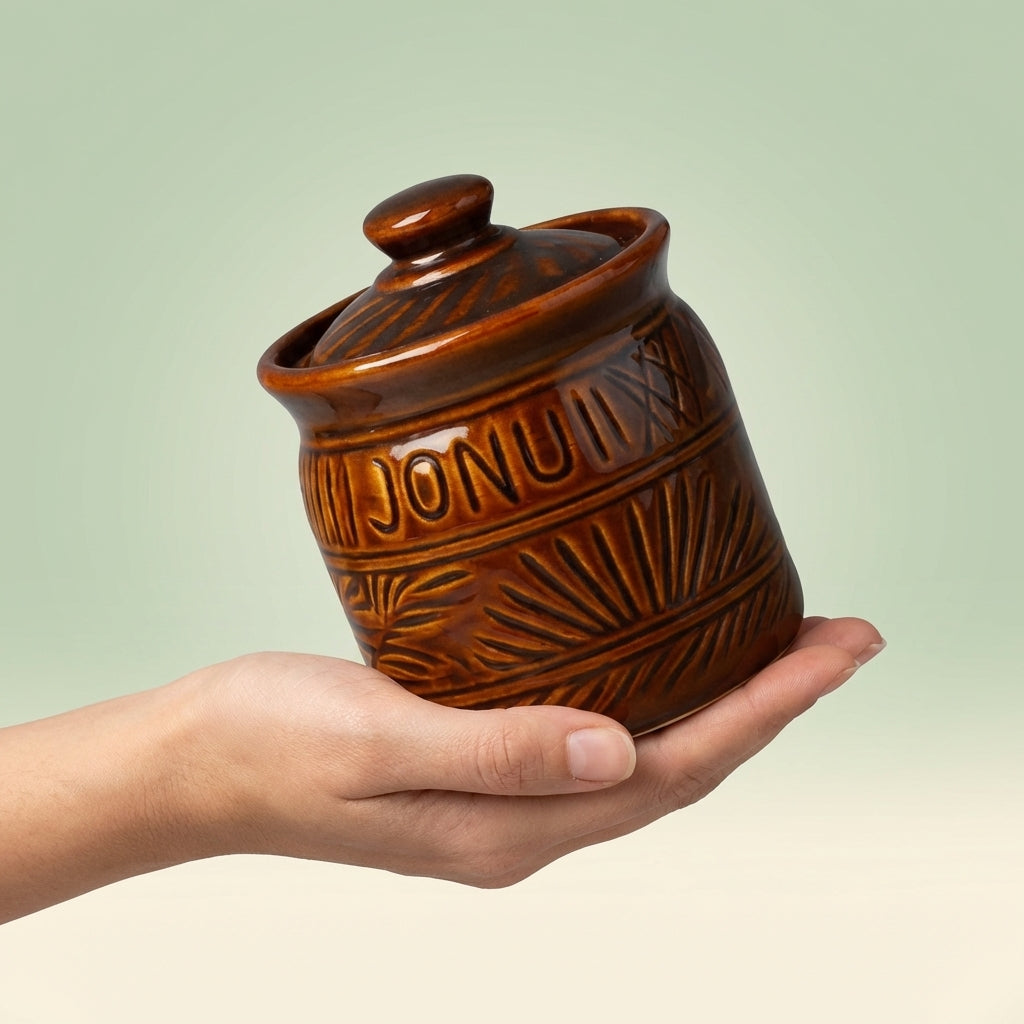 Ceramic Brown Pickle Jar With Lid, Pack of 1, Elegant Leaf Design