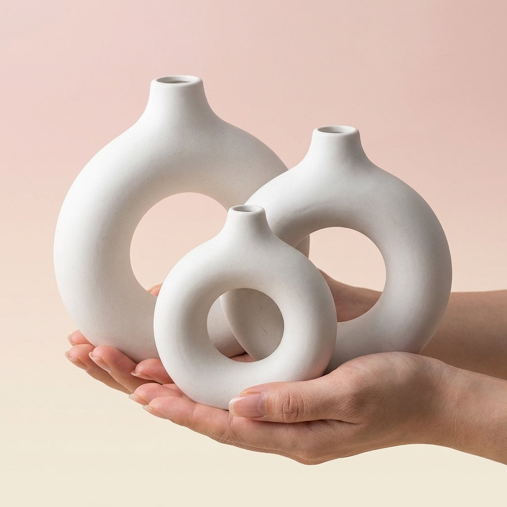 Greennest Modern Ceramic Donut Vase Set, Pack of 3, White Glazed Decorative