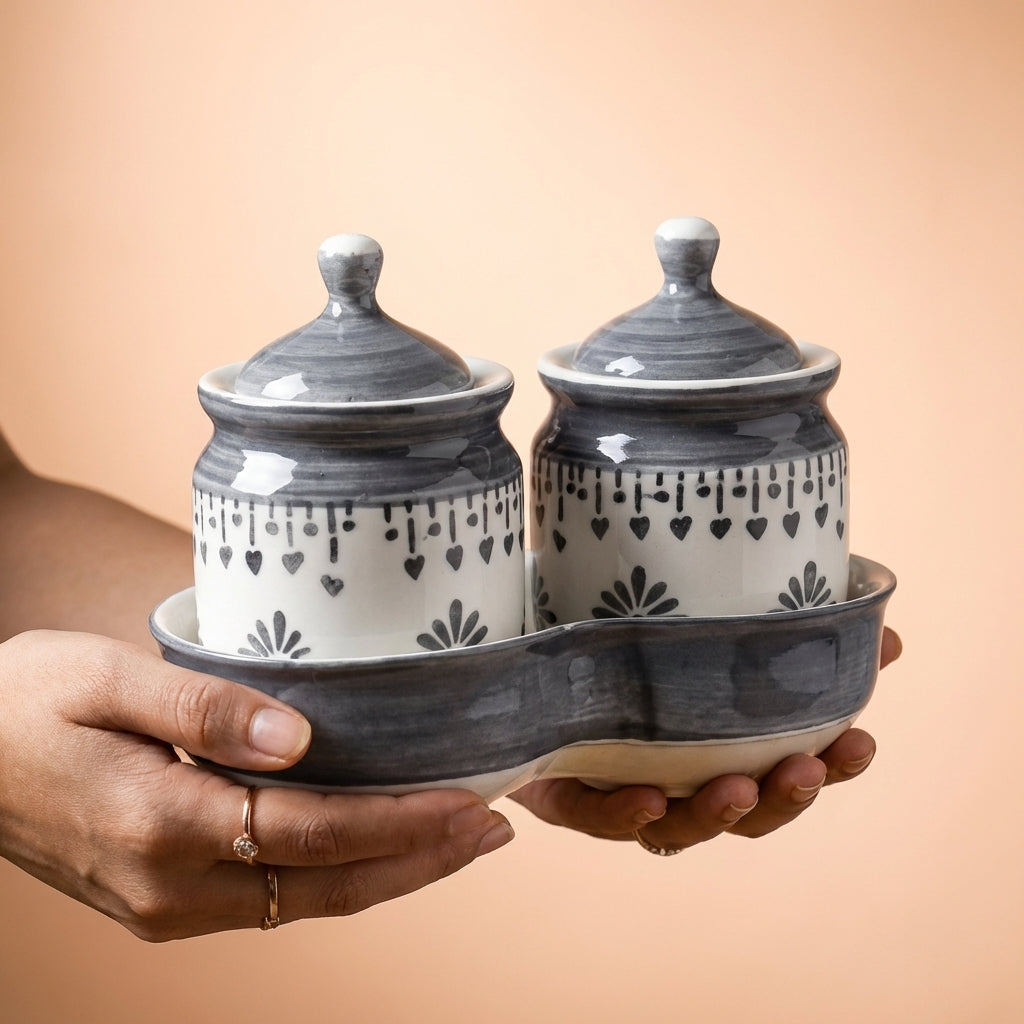 Pickle Jar Set With Tray, Pack of 2, White and Grey Ceramic