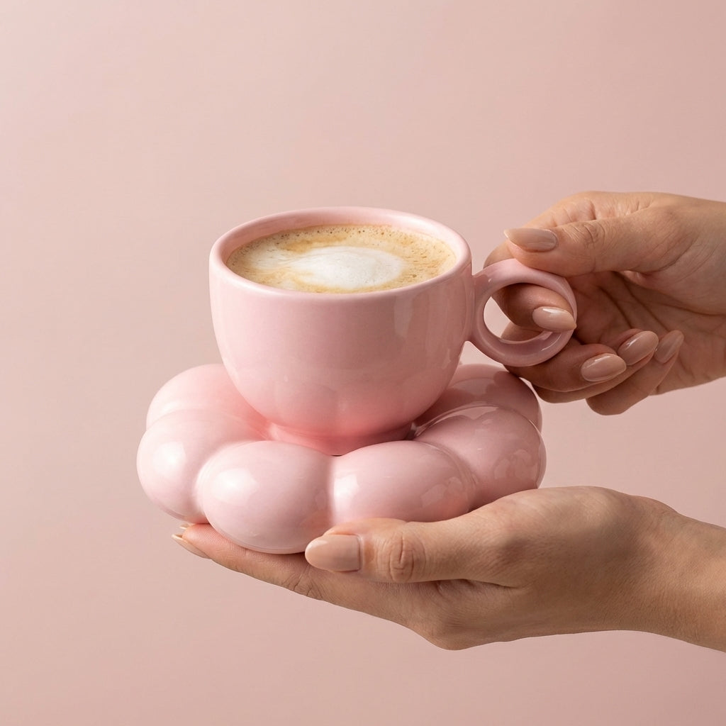 Pink Ceramic Bubble Cup And Saucer Set, Pack Of 1, Modern Sculptural Design