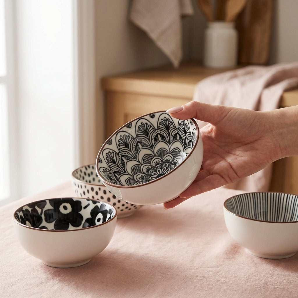VibeZone Ceramic Mandala Bowls, Pack of 4, Multicolour Microwave Safe Set