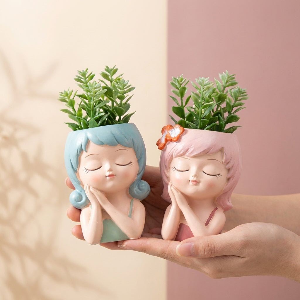 Cute Girl Face Succulent Planters, Pack of 2, Colourful Resin