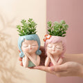 Cute Girl Face Succulent Planters, Pack of 2, Colourful Resin