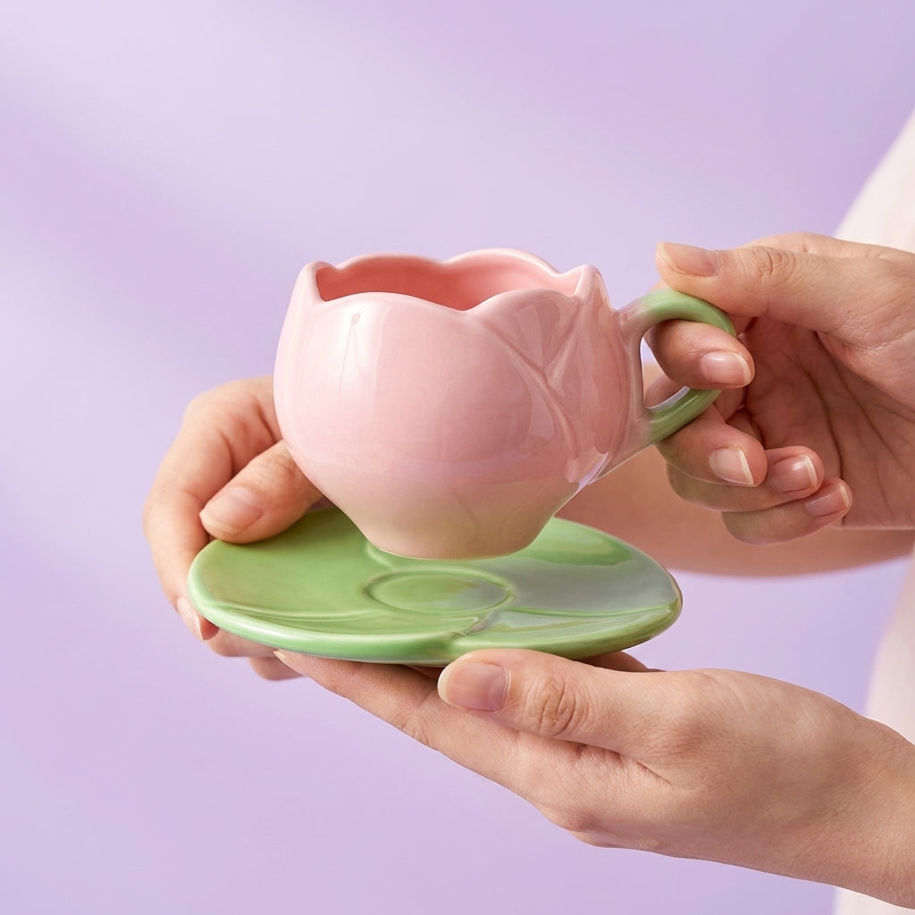 Tulip Ceramic Tea Cup and Leaf Saucer Set, Pack of 1, Pink