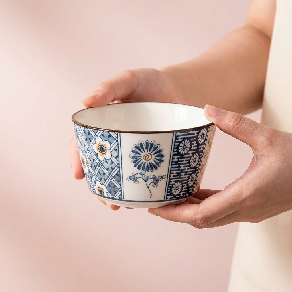 HENIJ Ceramic Bowl Set, Pack of 4, Vintage Blue White Floral Design