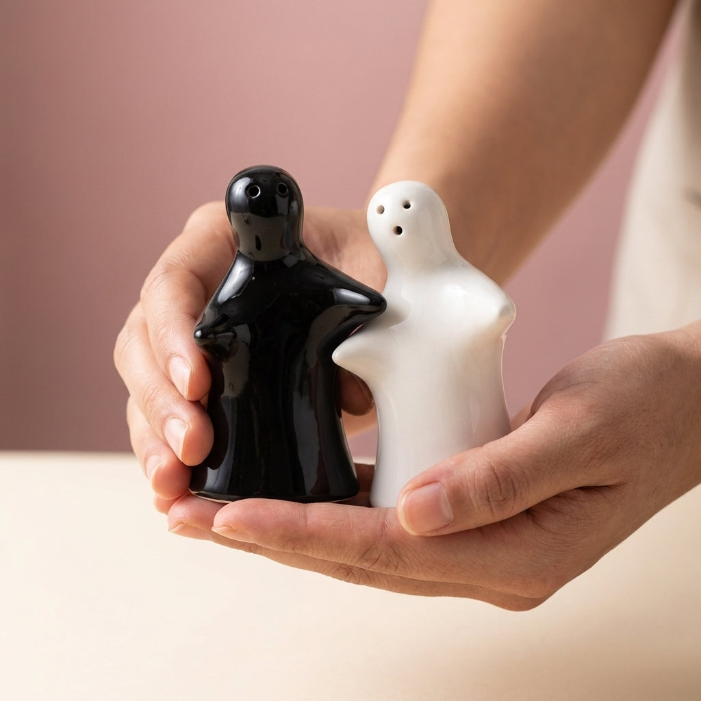 Ceramic Hugging Couple Salt Pepper Shaker Set, Pack of 2, Black White Kitchen Decor
