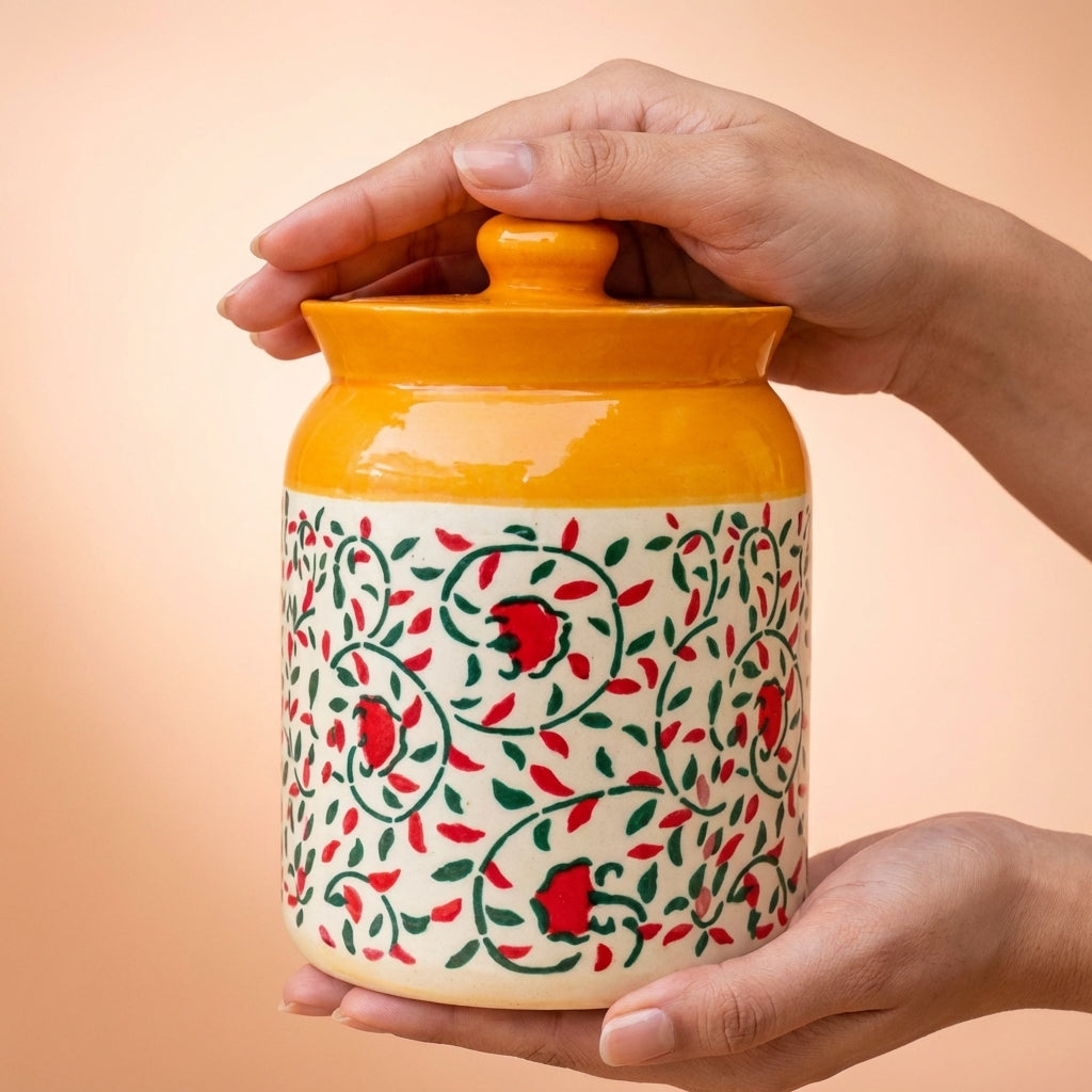 Elegant Orange Ceramic Storage Jar With Lid, Pack of 1, Orange Painted Design