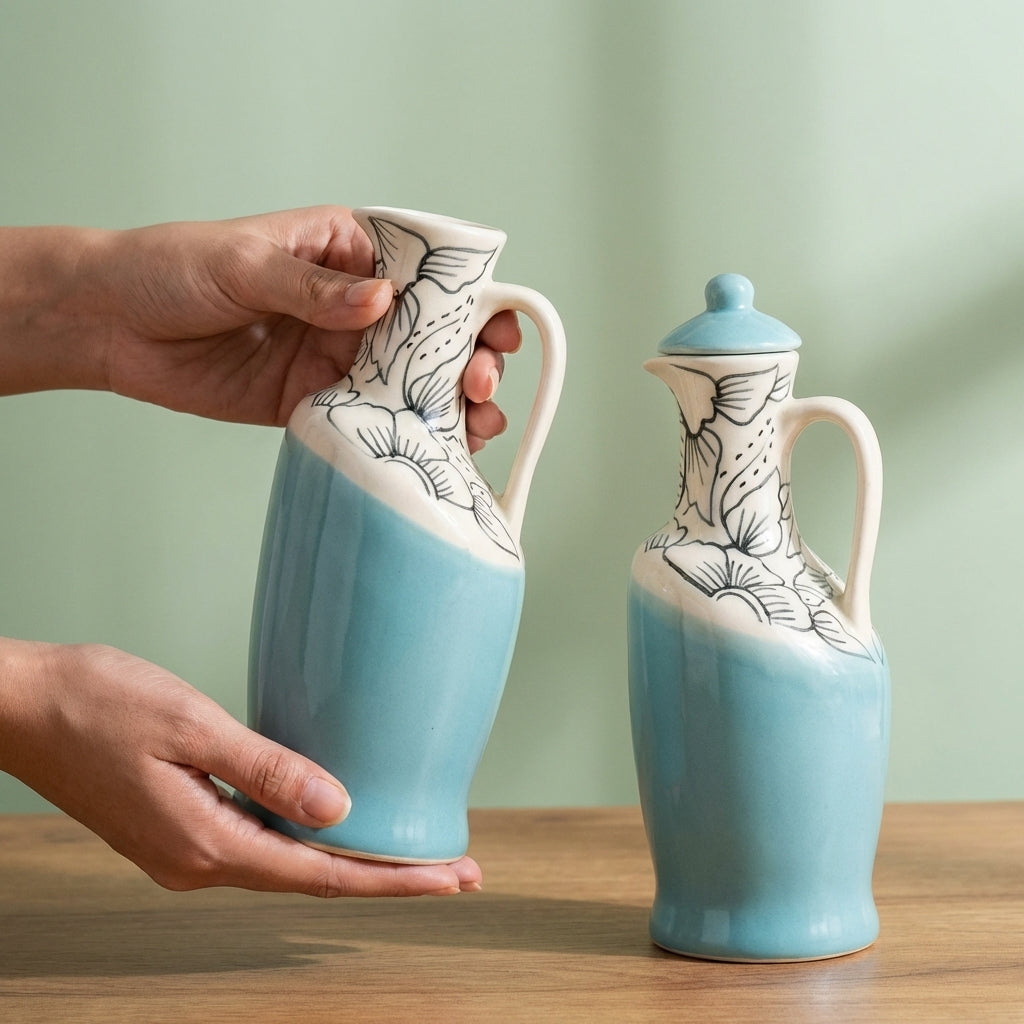 Ceramixs Handmade Ceramic Oil Dispenser Set, Pack of 2, Microwave Safe Kitchen Storage