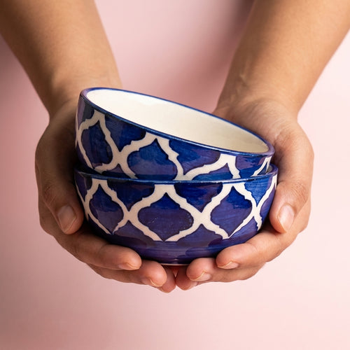 Claybender's Ceramic Bowls, Pack of 2, Blue Geometric Design