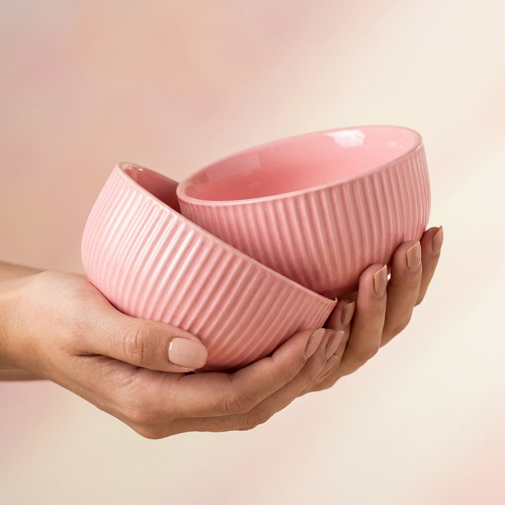 AMAZECART Ceramic Serving Bowls For Snacks Pasta Salad Ice Cream, Pack of 2, Pink