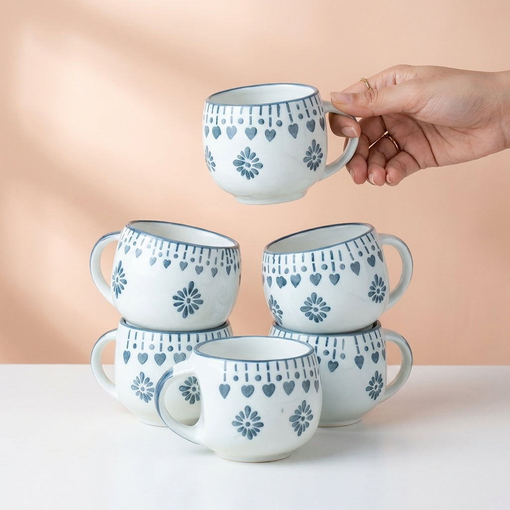 White Ceramic Tea Cups, Pack of 6, Classic Round Design