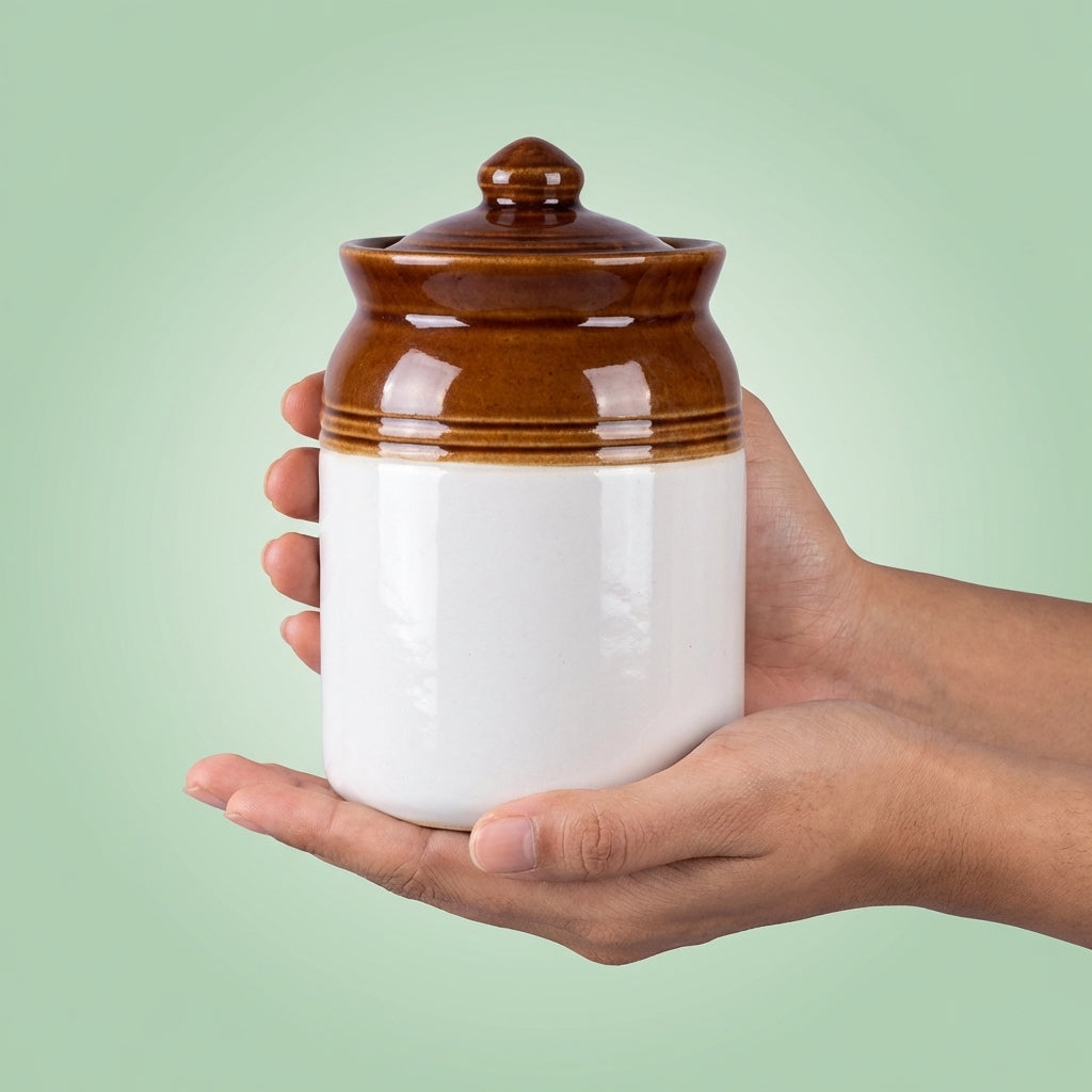 Traditional Ceramic Pickle Jar, Pack of 1, Brown White Kitchen Storage Container 1kg