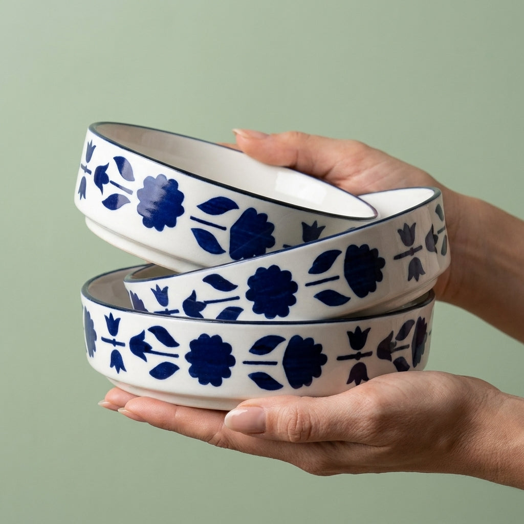 Ceramic Salad Bowl Set, Pack of 3, Multipurpose Serving Bowls for Pasta Snacks Nuts, Blue