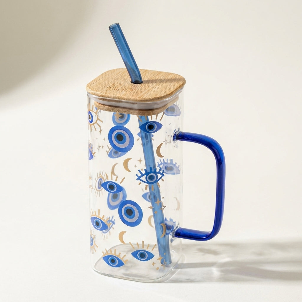 Evil Eye Glass Tumbler with Wooden Lid, Pack of 1, Square Design