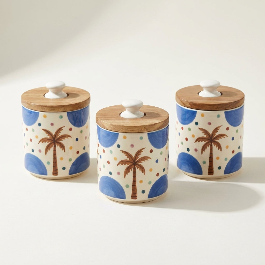 Hand Painted Ceramic Storage Jars with Wooden Lids, Pack of 2, Multicolor