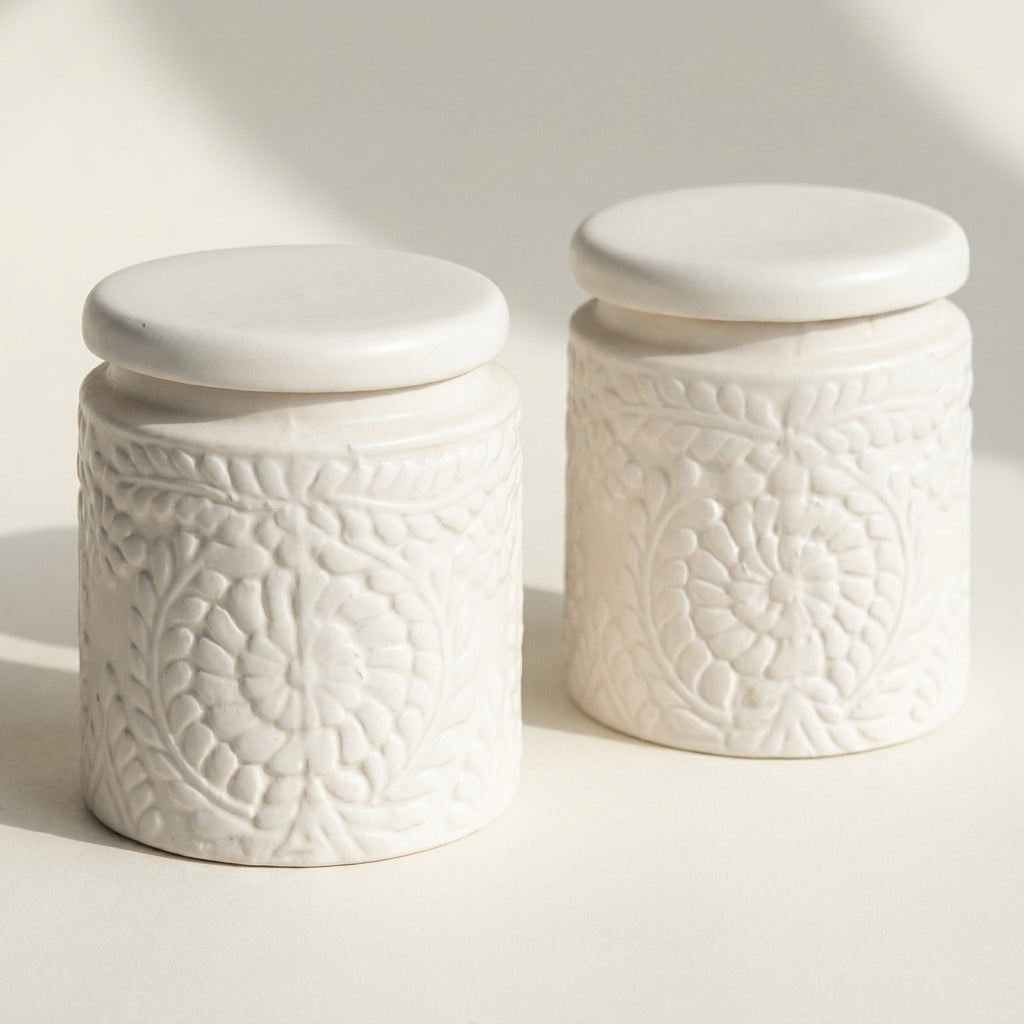 White Ceramic Storage Jars with Spoons, Pack of 2, 700ml Kitchen Canisters
