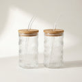 Wave Striped Glass Tumblers with Lid and Straw 500ml, Pack of 2, Clear