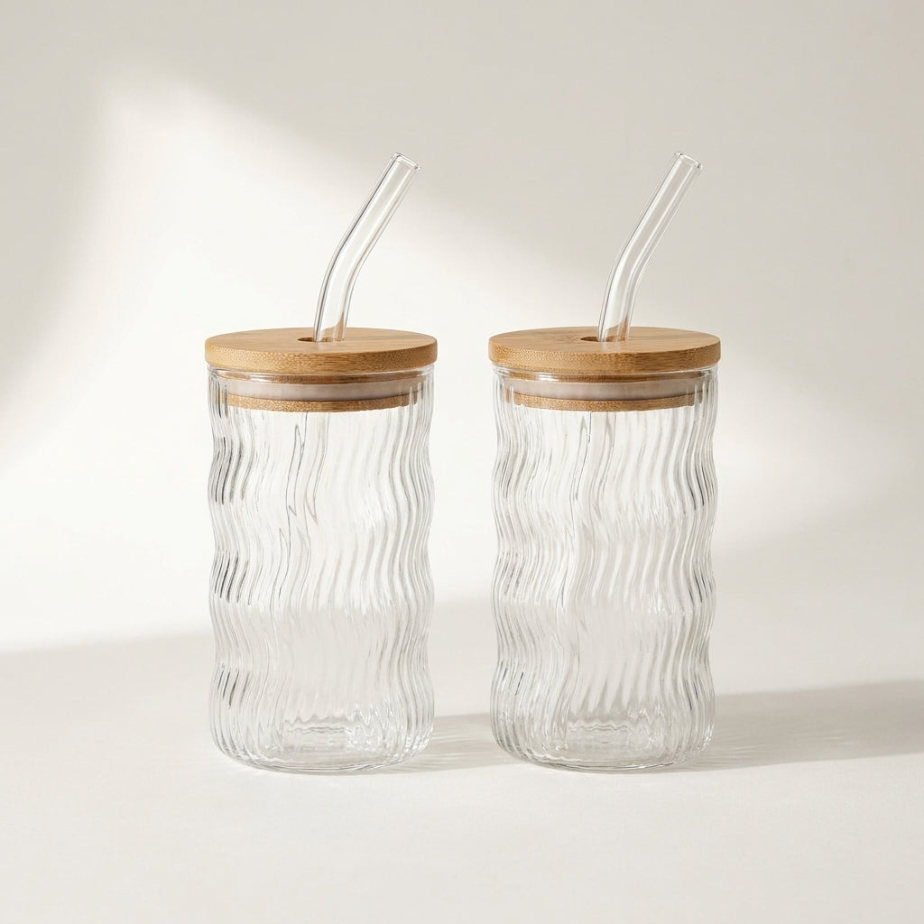 Wave Striped Glass Tumblers with Lid and Straw 500ml, Pack of 2, Clear