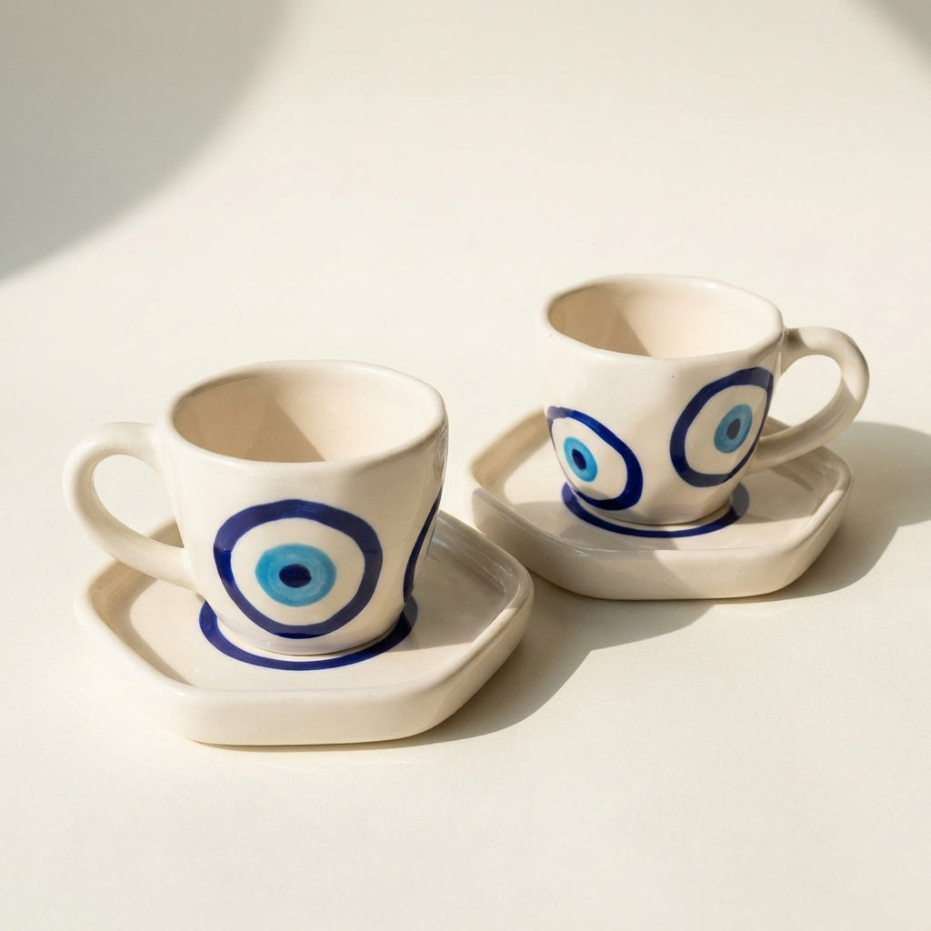 Ceramic Evil Eye Cup and Saucer Set – Modern Minimalist Design (Set Of 2)