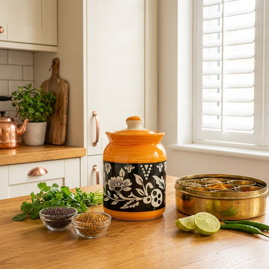Handpainted Ceramic Pickle Storage Jar 1000ml, Pack of 1, Yellow Black Floral
