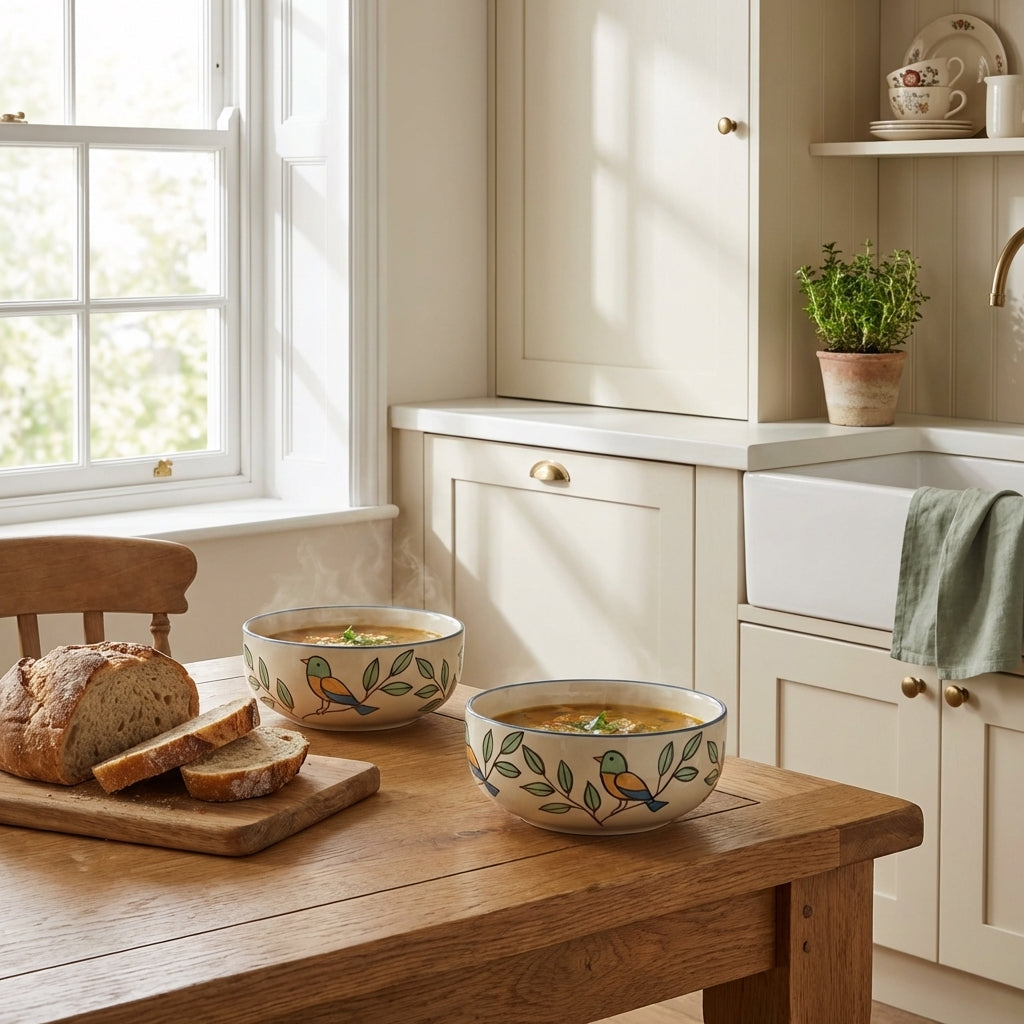 Handcrafted Ceramic Serving Bowls, Pack of 2, Bird Leaf Design