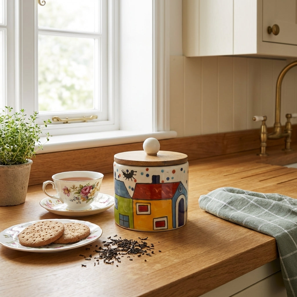 Ceramic Village Storage Jar With Wooden Lid, Pack of 1, Multicolour
