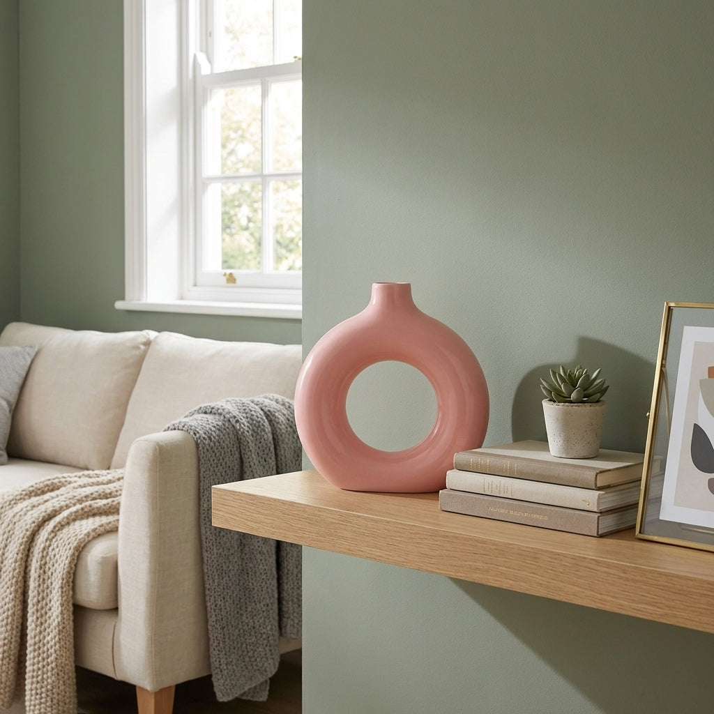 Pink Donut Ceramic Flower Vase, Pack of 1, Handcrafted Artistic Home Decor