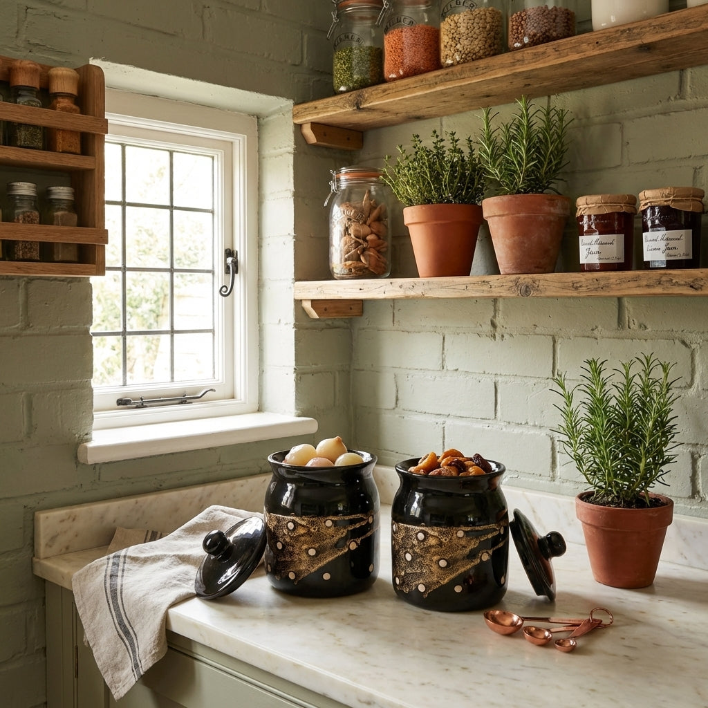 Handmade Ceramic Storage Jars, Pack of 2, Black Dotted Traditional Pottery Containers 1000ml