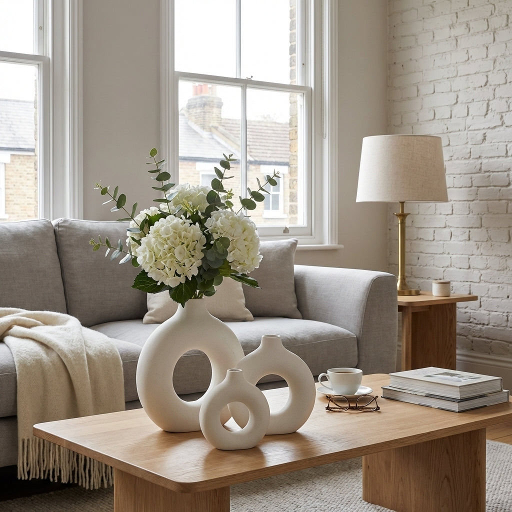 Greennest Modern Ceramic Donut Vase Set, Pack of 3, White Glazed Decorative