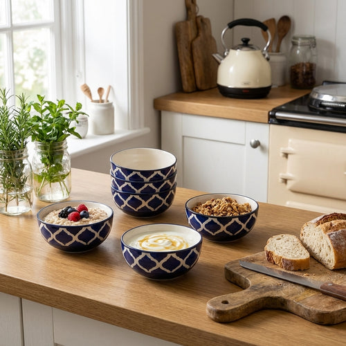 Blue Ceramic Bowl Set, Pack of 6, Microwave Safe Elegant Kitchen Dinnerware