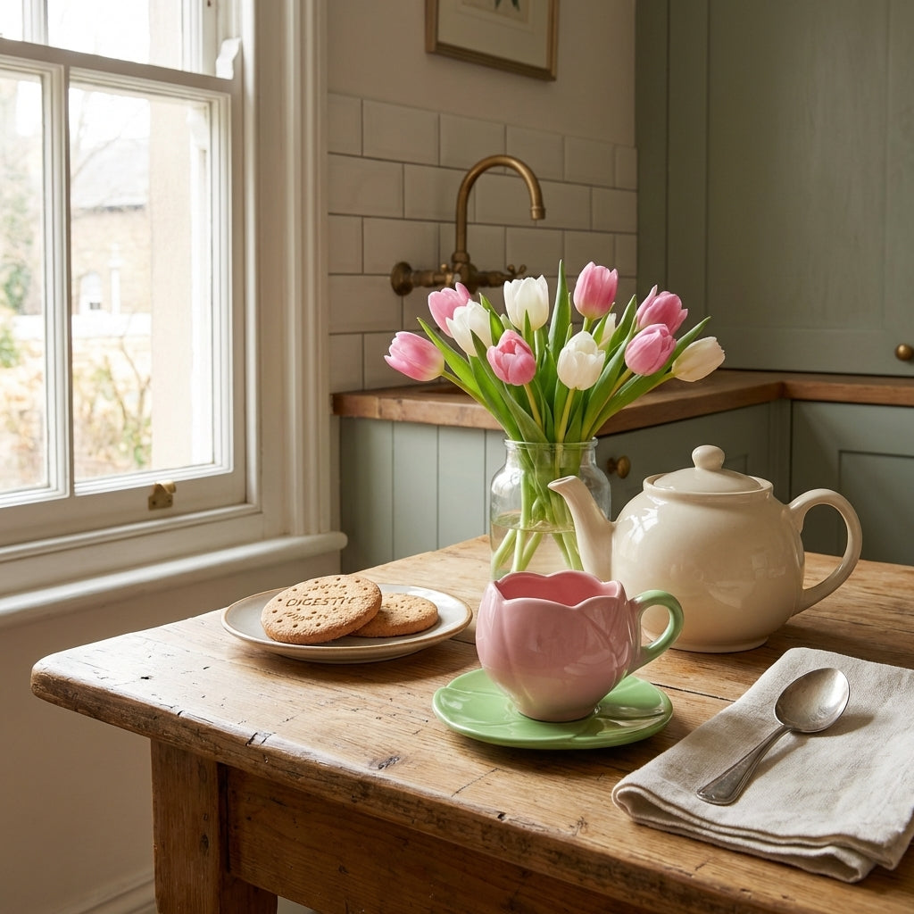 Tulip Ceramic Tea Cup and Leaf Saucer Set, Pack of 1, Pink