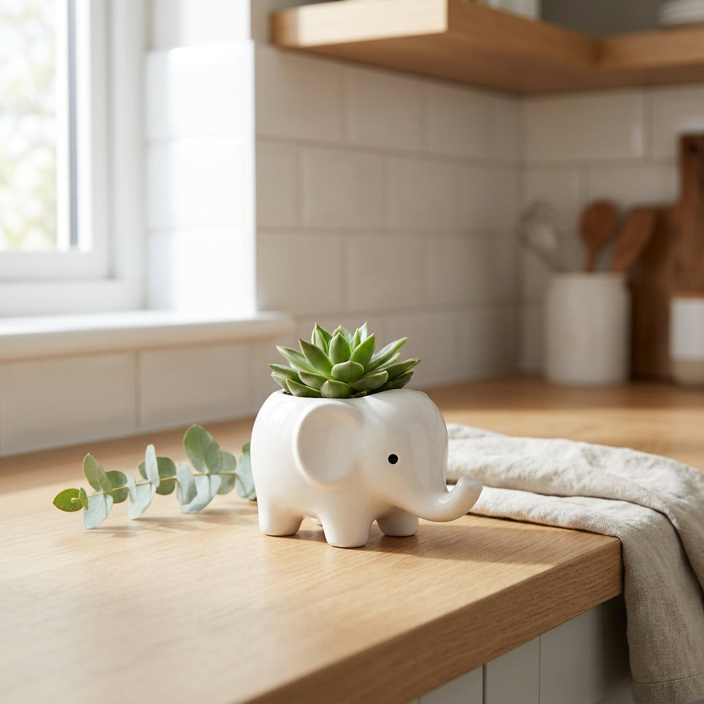 Ceramic Baby Elephant Indoor Planter Pot, Pack of 1, Handcrafted Oval Design