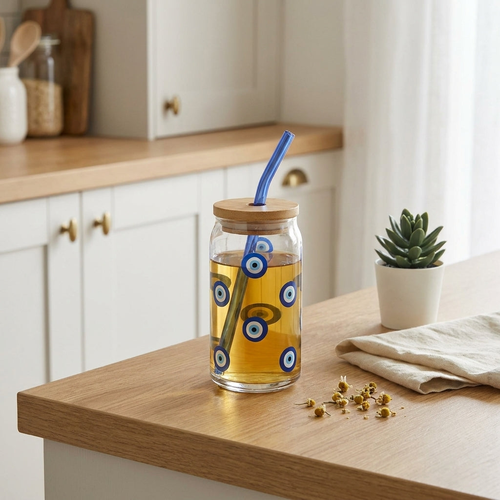 Evil Eye Glass Tumbler with Wooden Lid, Pack of 1, Square Design