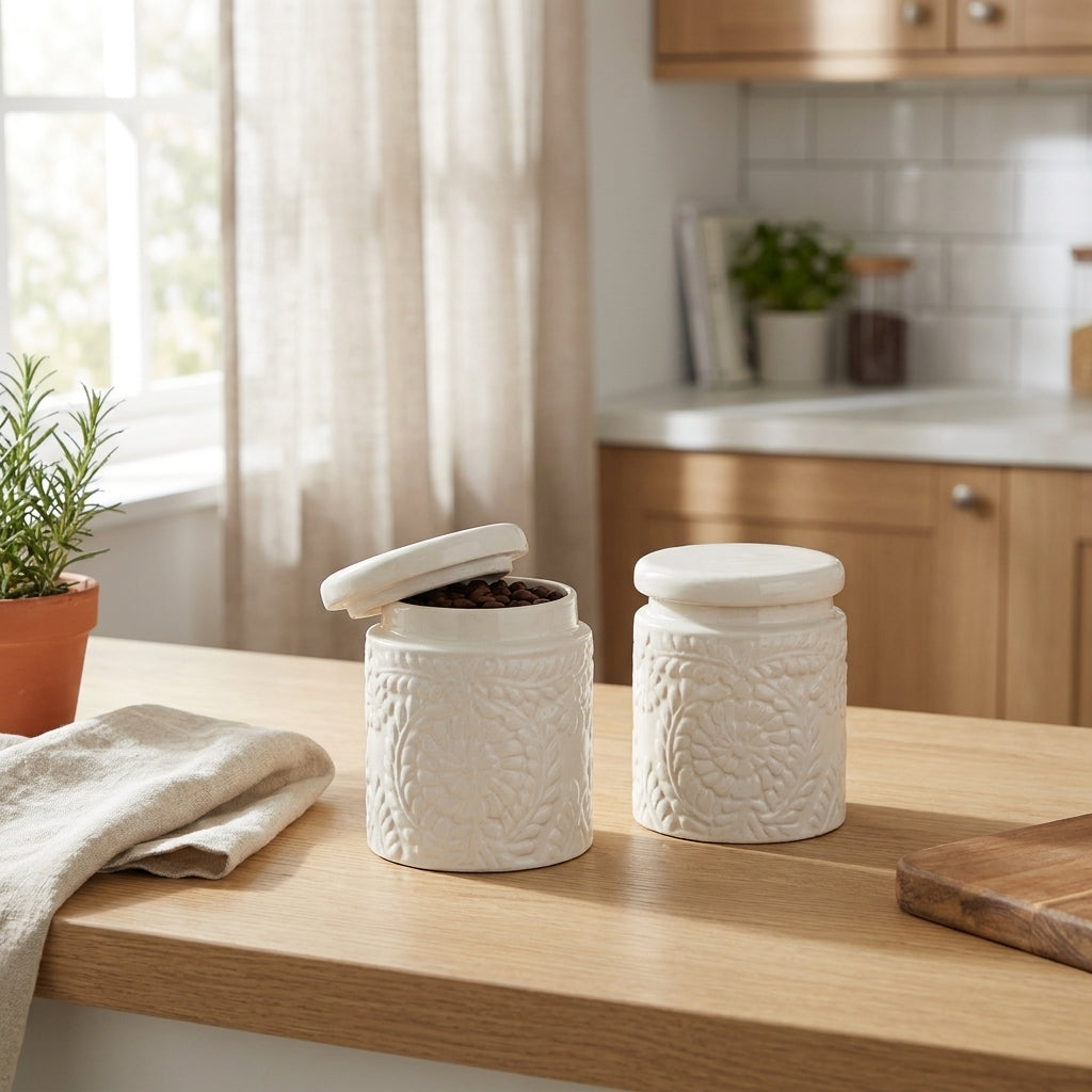 White Ceramic Storage Jars with Spoons, Pack of 2, 700ml Kitchen Canisters
