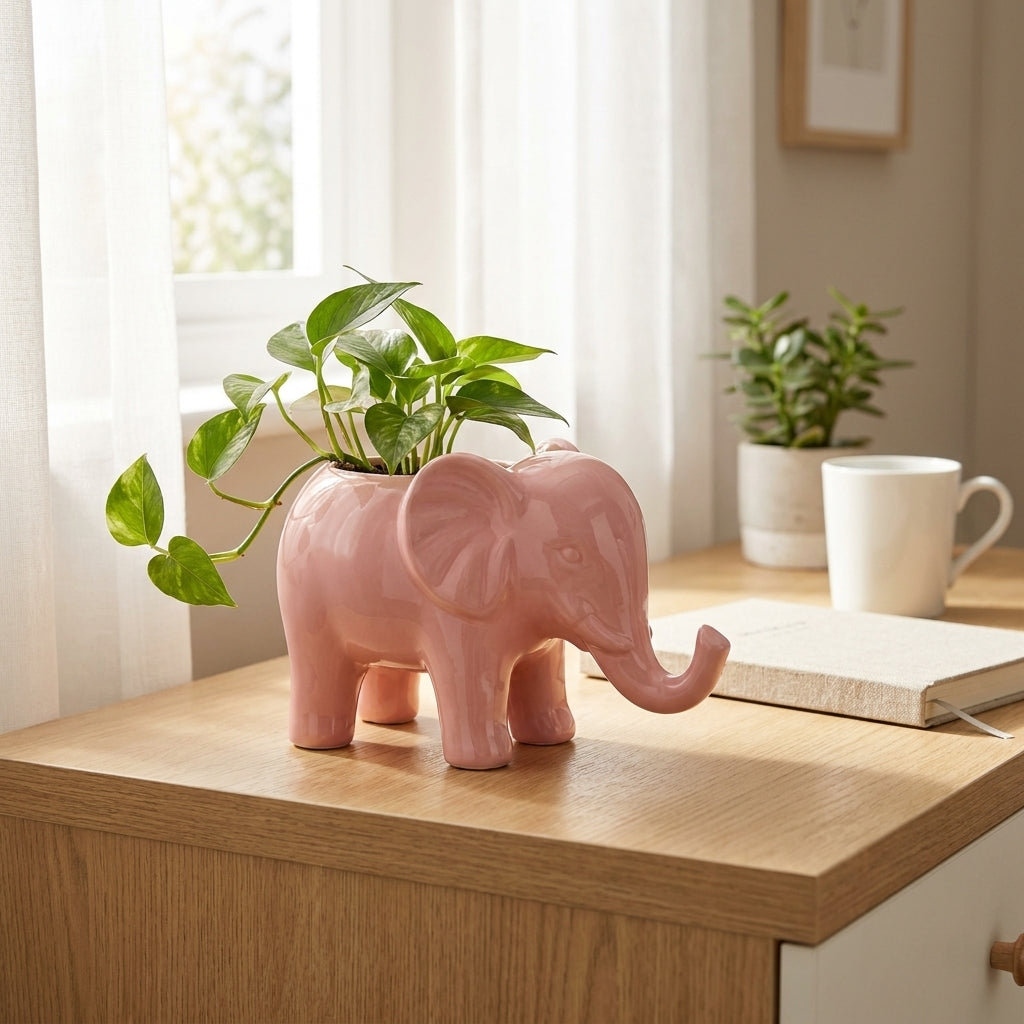 Pink Elephant Ceramic Planter Pot with Drainage, Pack of 1, Small Indoor Desk Garden Decor
