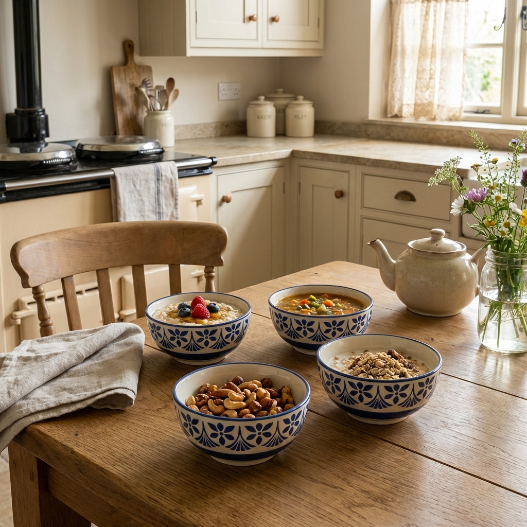 Handmade Ceramic Bowl Set, Pack of 4, Blue Floral Design