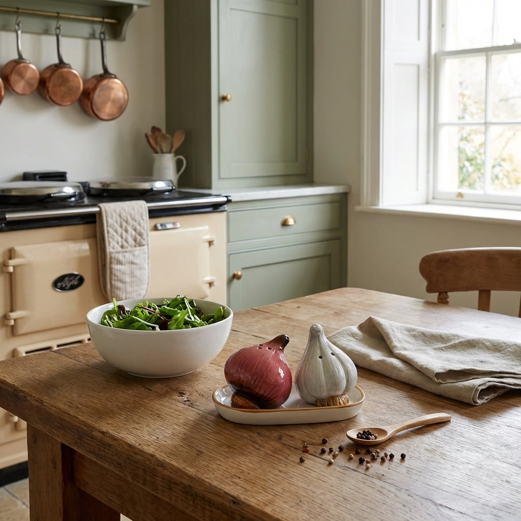 Ceramic Onion Garlic Salt Pepper Shaker Set, Pack of 2, Glossy White Kitchen Decor