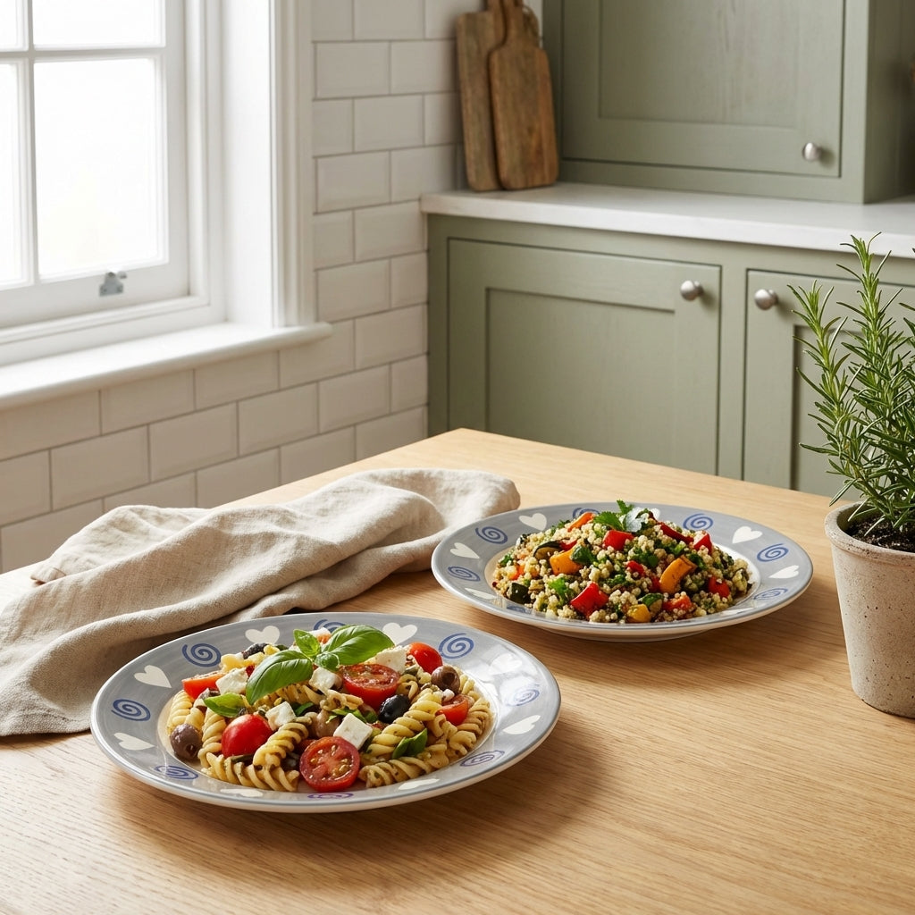 Claybender Ceramic Pasta Salad Plates, Pack of 2, Grey Border White