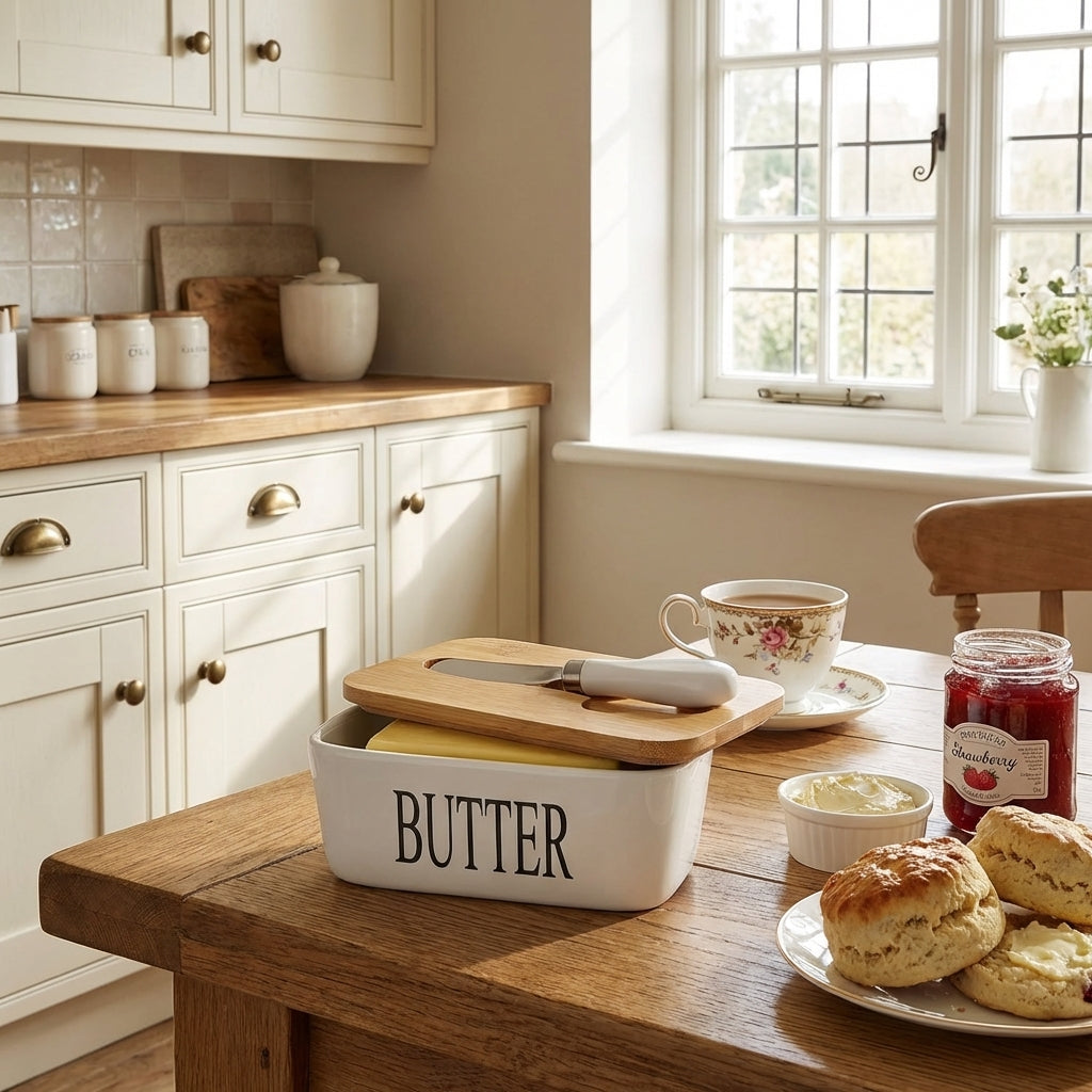 Ceramic Butter Dish With Wooden Lid And Steel Knife, Pack of 1, White
