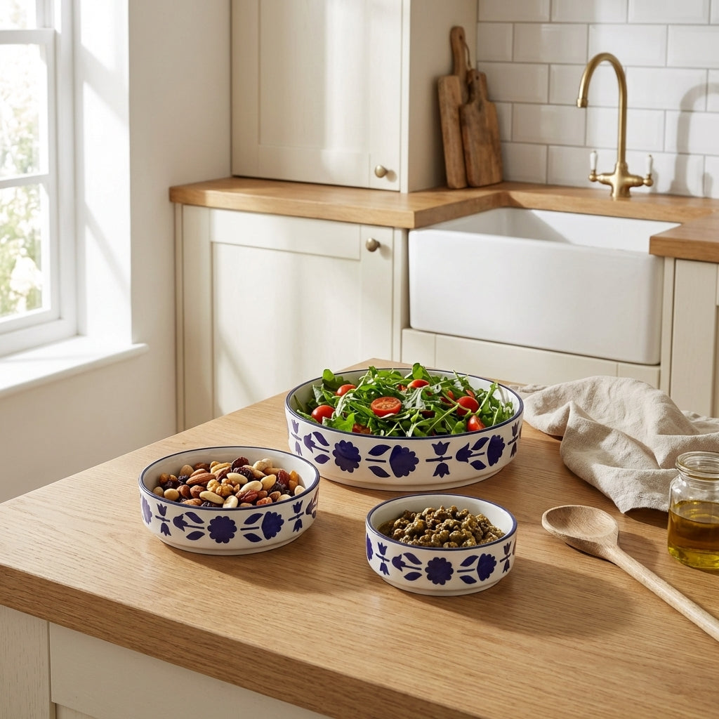 Maya Handmade Ceramic Serving Bowl Set, Pack of 3, Stylish Blue Deep Plates