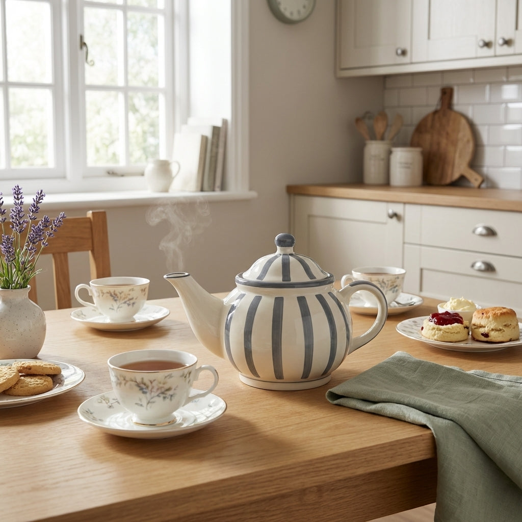 Handcrafted Ceramic Tea Kettle, Pack of 1, White Grey Glossy Round 500ml
