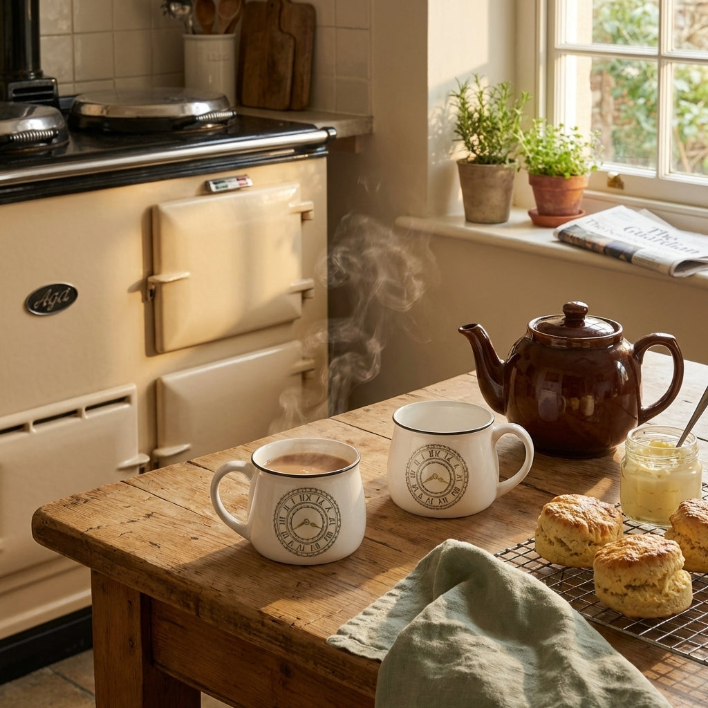White Ceramic Tea Cups, Pack of 6, Classic Clock Design