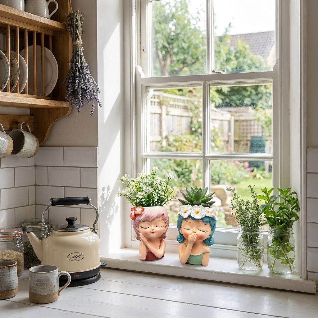 Cute Girl Face Succulent Planters, Pack of 2, Colourful Resin