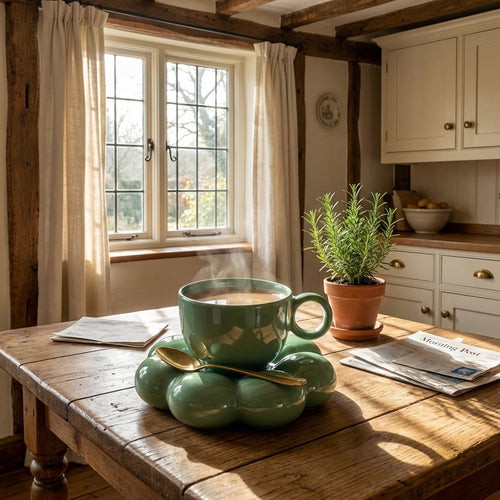 Bubble Ceramic Cup And Saucer Set, Pack of 1, Unique Green Coffee Tea Mug Modern Sculptural Design