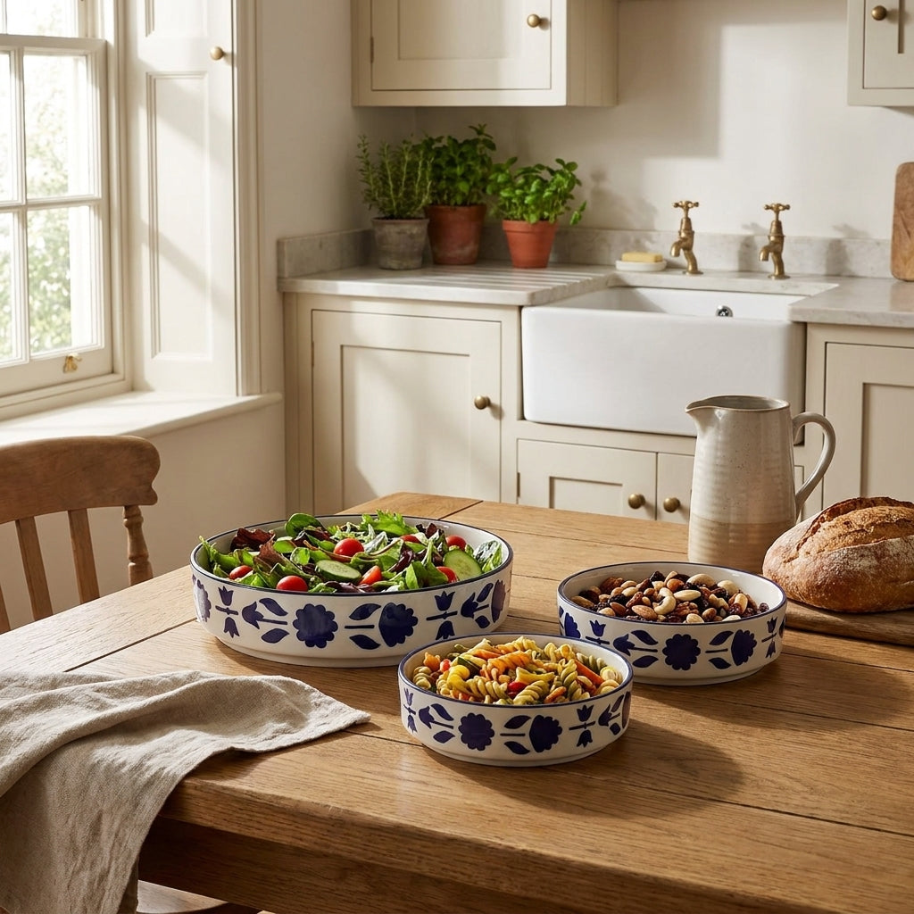 Ceramic Salad Bowl Set, Pack of 3, Multipurpose Serving Bowls for Pasta Snacks Nuts, Blue