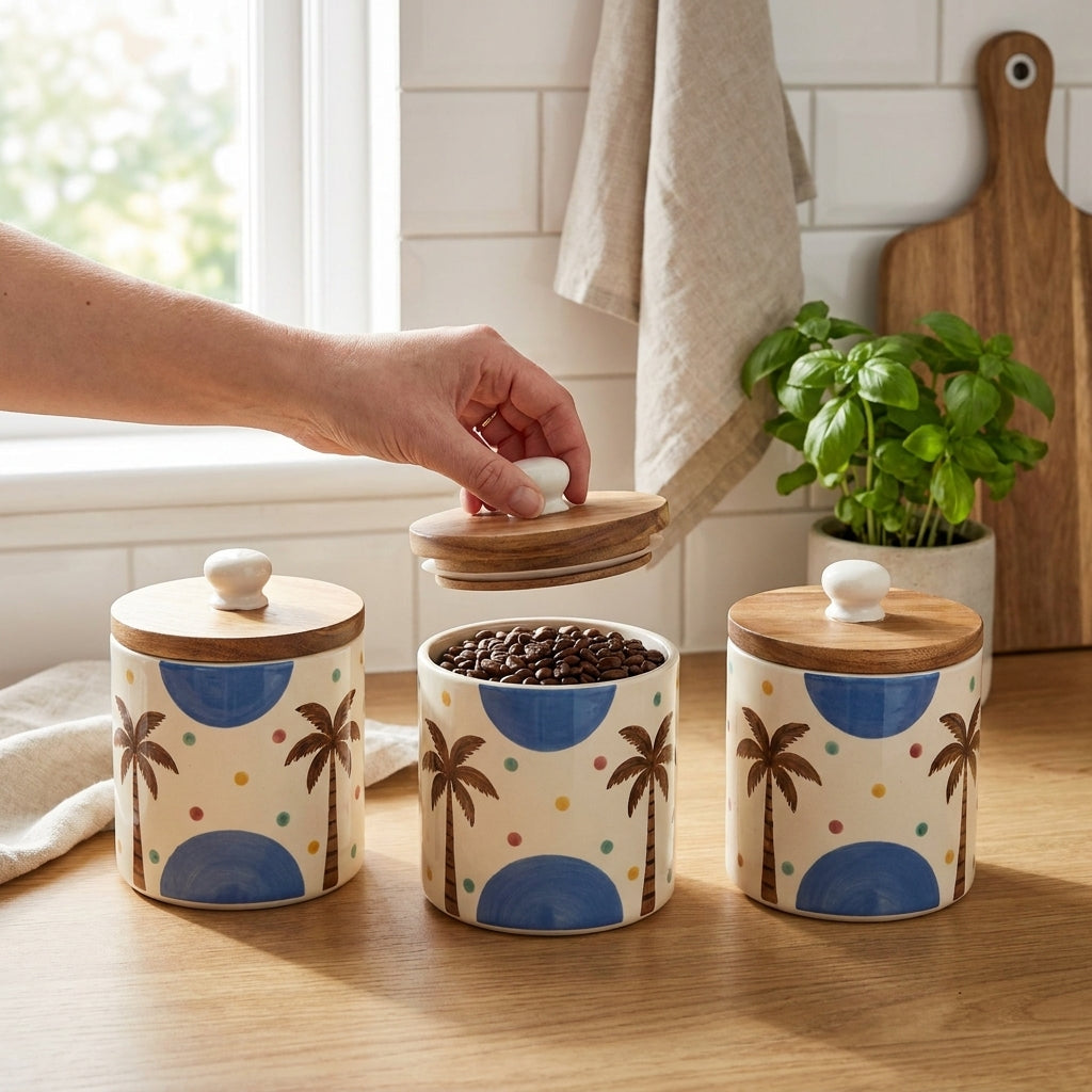 Hand Painted Ceramic Storage Jars with Wooden Lids, Pack of 2, Multicolor