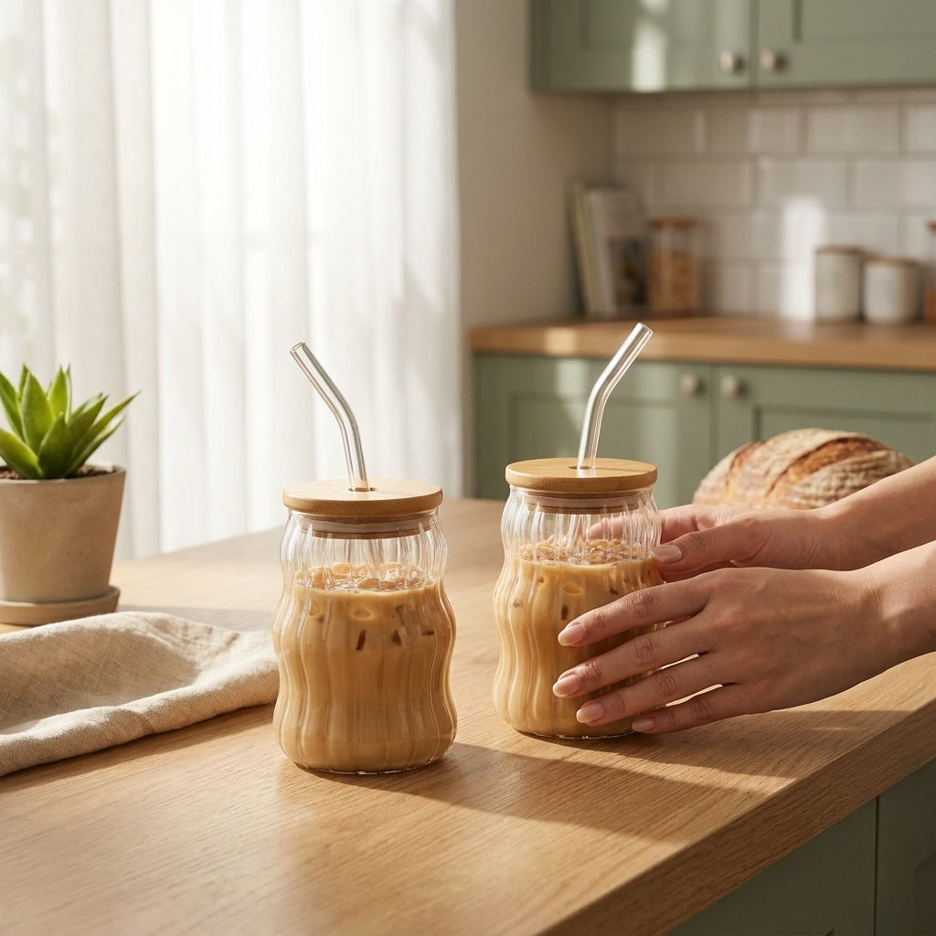 Wave Striped Glass Tumblers with Lid and Straw 500ml, Pack of 2, Clear