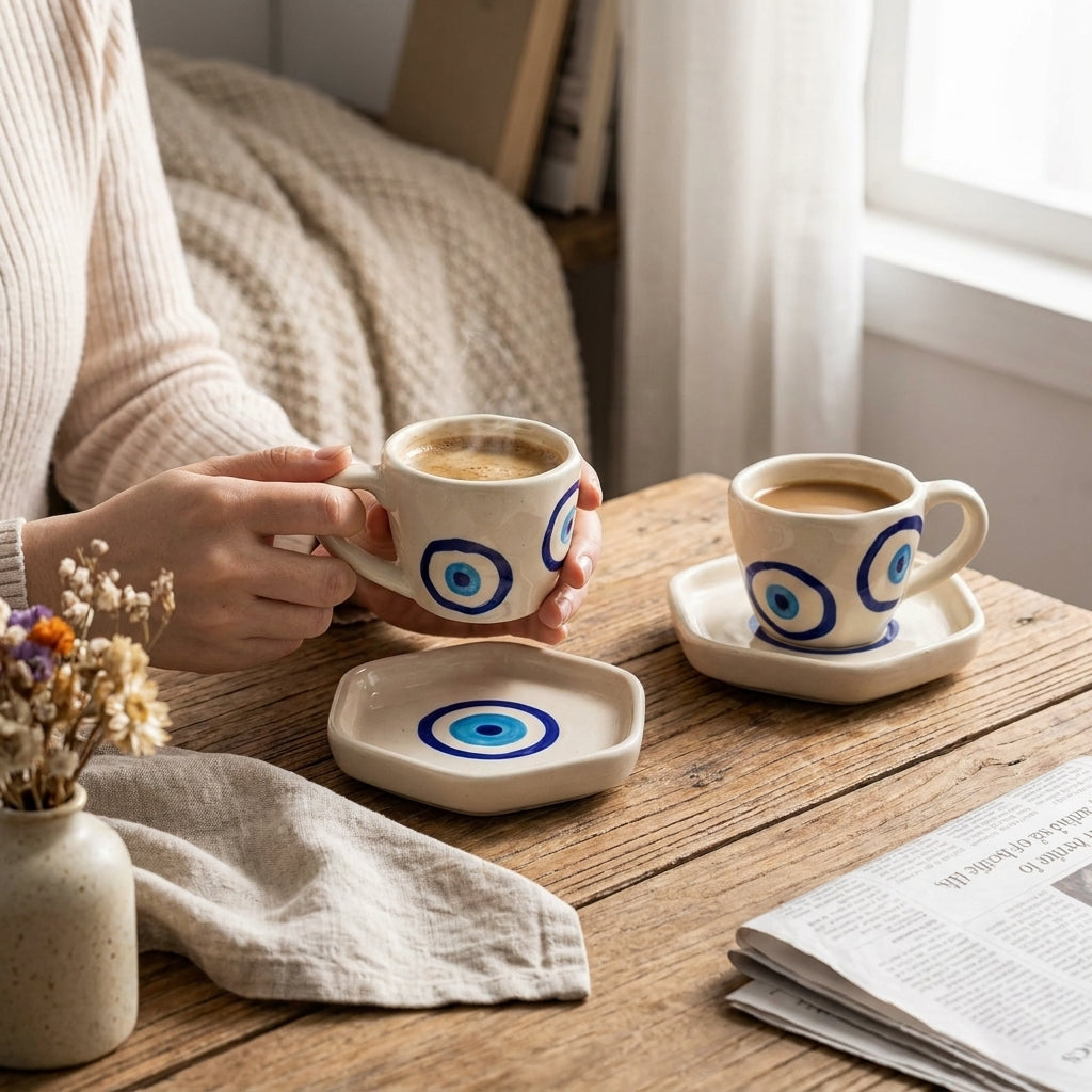 Ceramic Evil Eye Cup and Saucer Set – Modern Minimalist Design (Set Of 2)