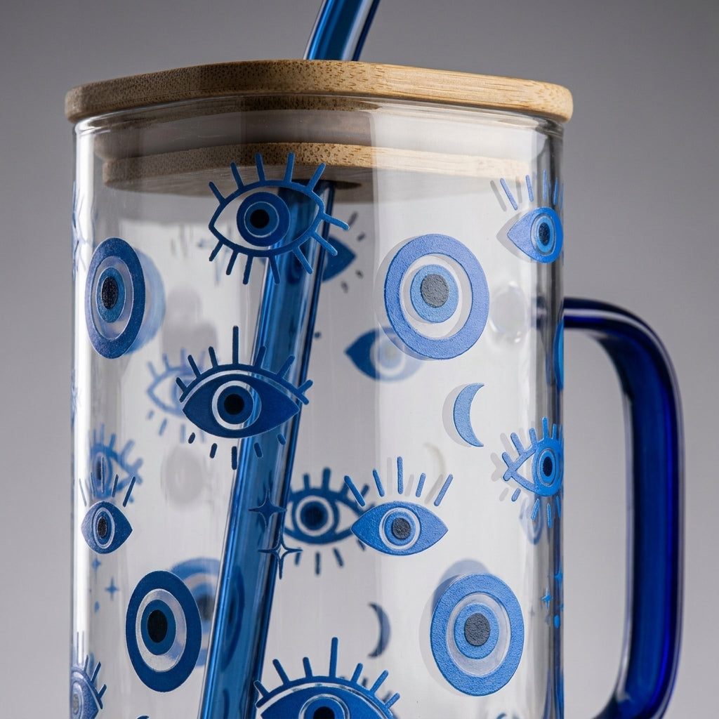 Evil Eye Glass Tumbler with Wooden Lid, Pack of 1, Square Design