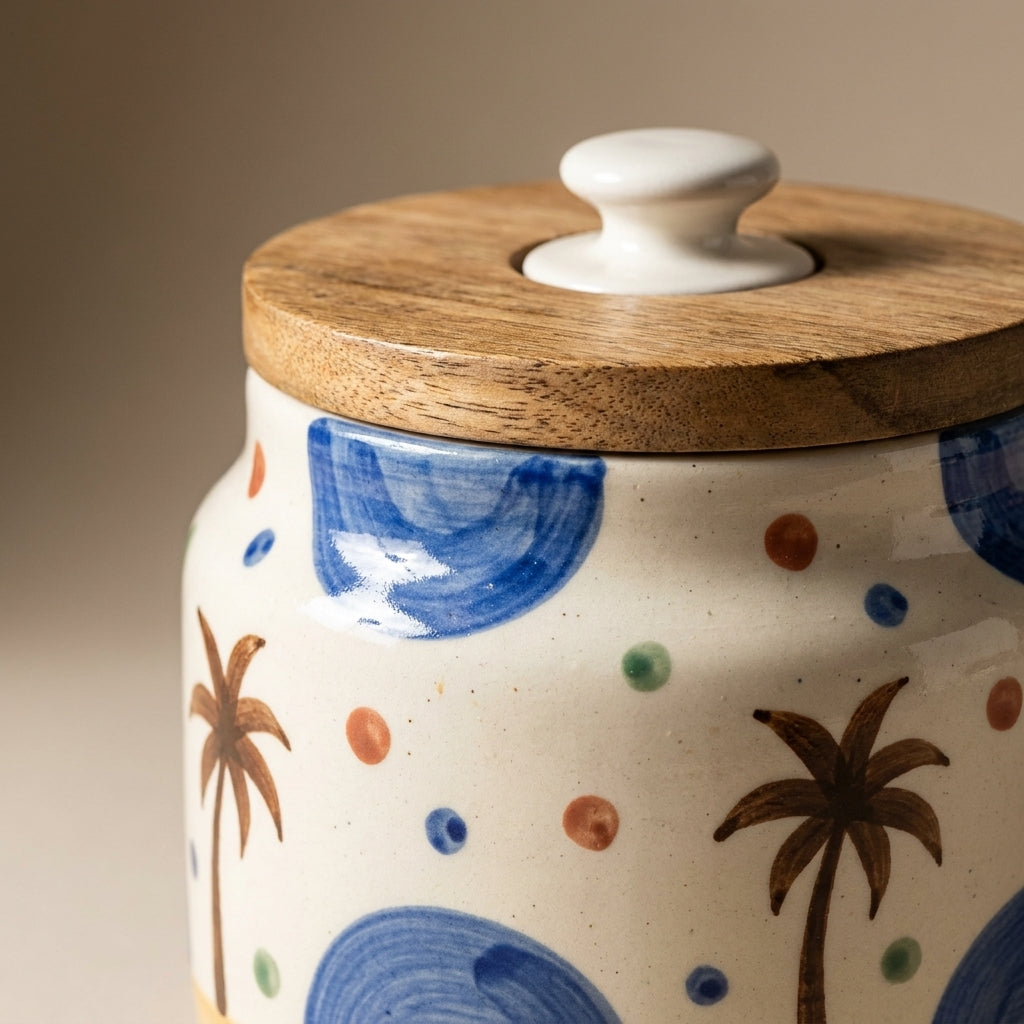Hand Painted Ceramic Storage Jars with Wooden Lids, Pack of 2, Multicolor